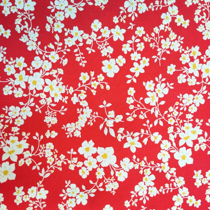 Floral Cotton Poplin- White Blooms on Red